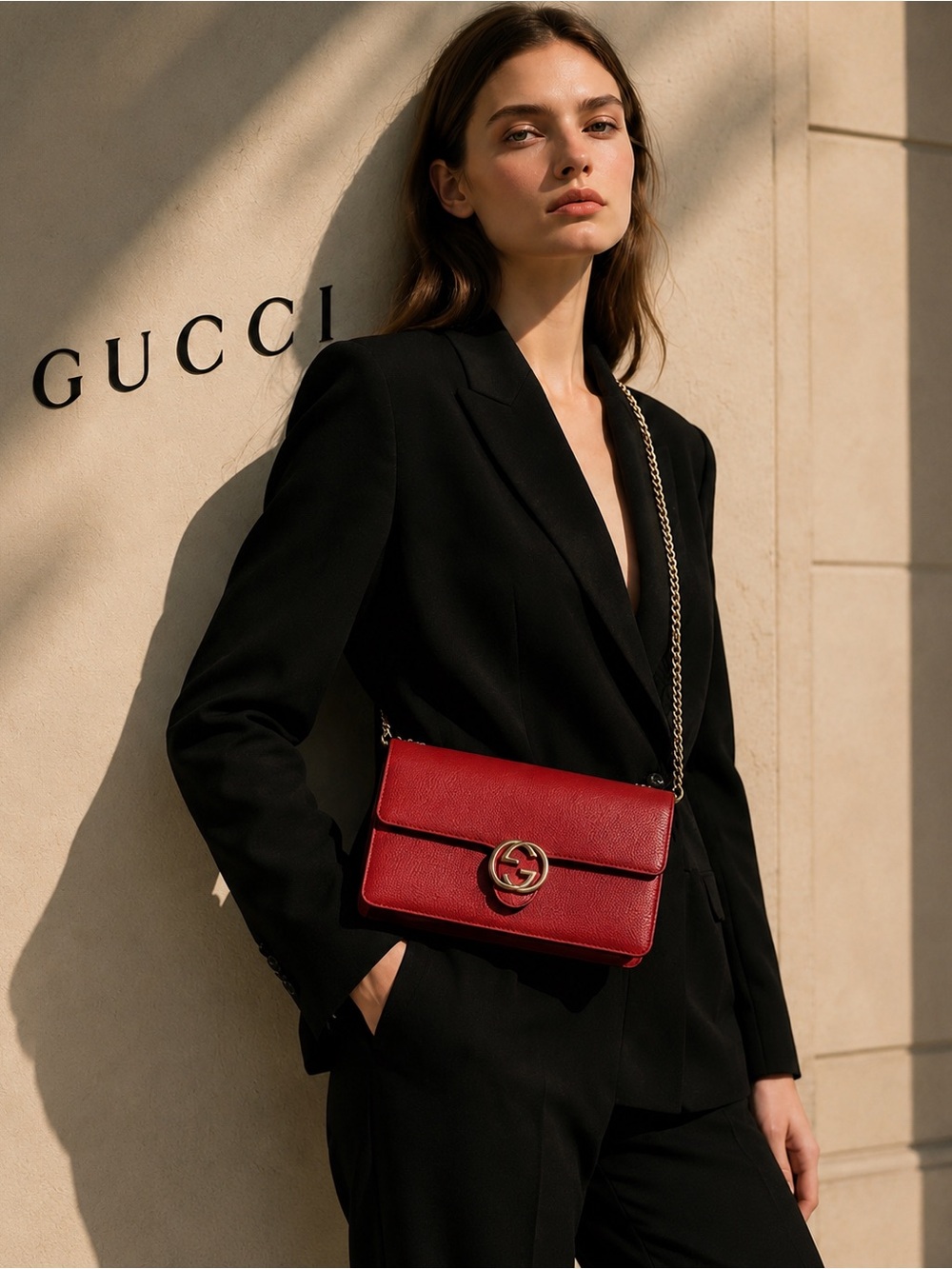 Authentic Gucci Interlocking GG Red Pebbled Leather WOC with Box and dust bag